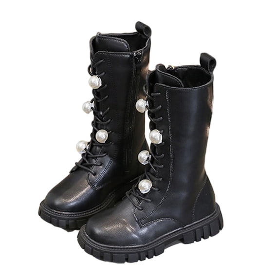 ZACPNCV Girls Lace Up Riding Boots Mid Calf Boots Fashion Waterproof PU Leather Side Zipper Punk Goth Boot Black