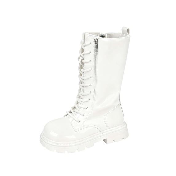 ZACPNCV Girls Leather Riding Knee High Boots with Side Zipper Fashion Round Toe Comfortable Low Heel Lace Up Boots Sole Motorcycle Boots White