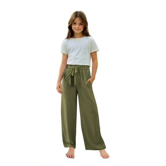 ZACPNCV Girls Lightweight Baggy Pants Straight Wide Leg Pants Elastic Waist Flowy Pants with Pockets Olive Green 10-11 Years