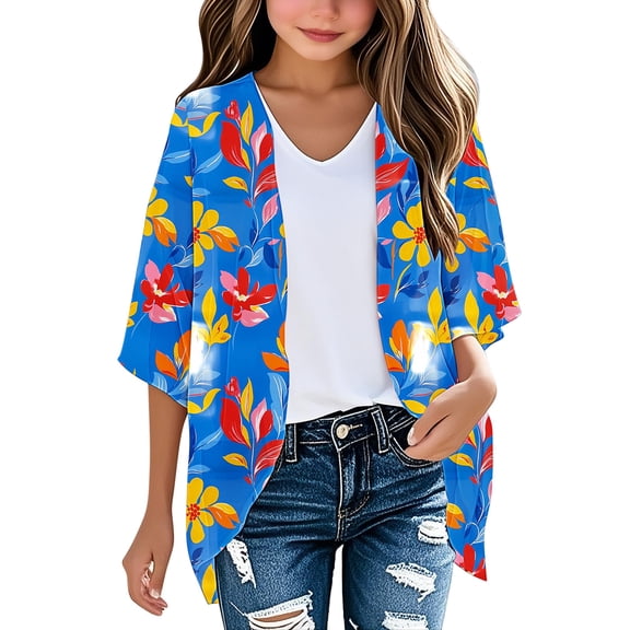 ZACPNCV Girls Lightweight Chiffon Cardigan Puff Sleeve Loose Beach Wear Cover Up Blouse Top Multicolor 9-10 Years