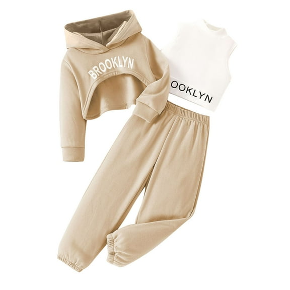 ZACPNCV Girls Long Sleeve 3 Piece Outfits Graphic Crop Sweatshirt Tank and Sweatpants Set Beige 4-5 Years
