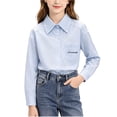 thumbnail image 1 of ZACPNCV Girls Long Sleeve Button Down Shirts Kids Classic Lapel Collar Blouse with Pocket Stretch Elegant School Uniform Dress Shirt A-Blue, 1 of 6
