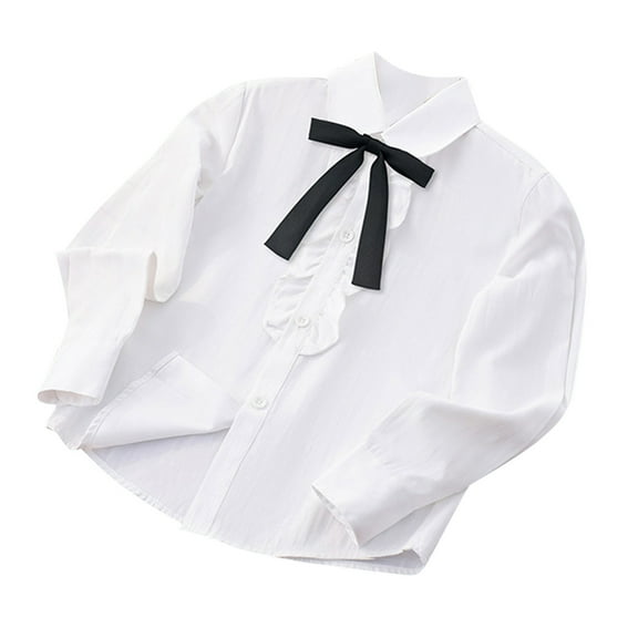 ZACPNCV Girls Long Sleeve School Shirts Blouse Tops Ruffle Princess Lace Collar Bowknot Button Down Uniform Dress Shirts Black 4-6 Years