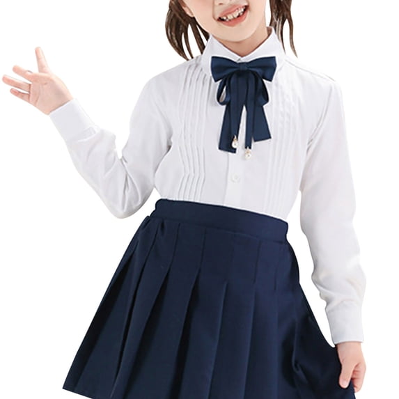 ZACPNCV Girls Long Sleeve School Shirts Blouse Tops Ruffle Princess Lace Collar Bowknot Button Down Uniform Dress Shirts Navy 13-14 Years