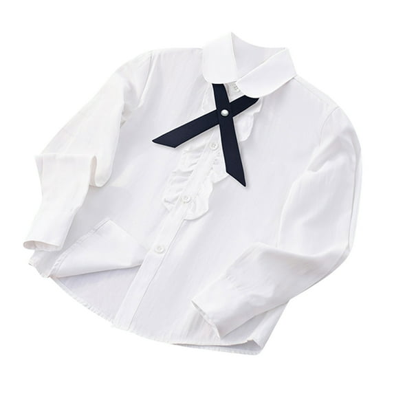 ZACPNCV Girls Long Sleeve School Shirts Blouse Tops Ruffle Princess Lace Collar Bowknot Button Down Uniform Dress Shirts Navy 8-10 Years