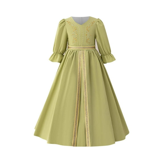ZACPNCV Girls Medieval Princess Maxi Dress Renaissance Long Bell Sleeve Vintage Retro Ball Gowns Green 6-7 Years