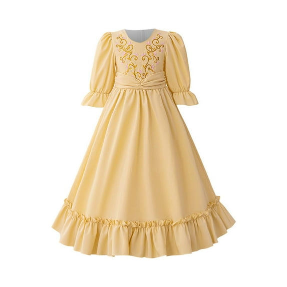 ZACPNCV Girls Medieval Princess Maxi Dress Renaissance Long Bell Sleeve Vintage Retro Ball Gowns Yellow 6-7 Years