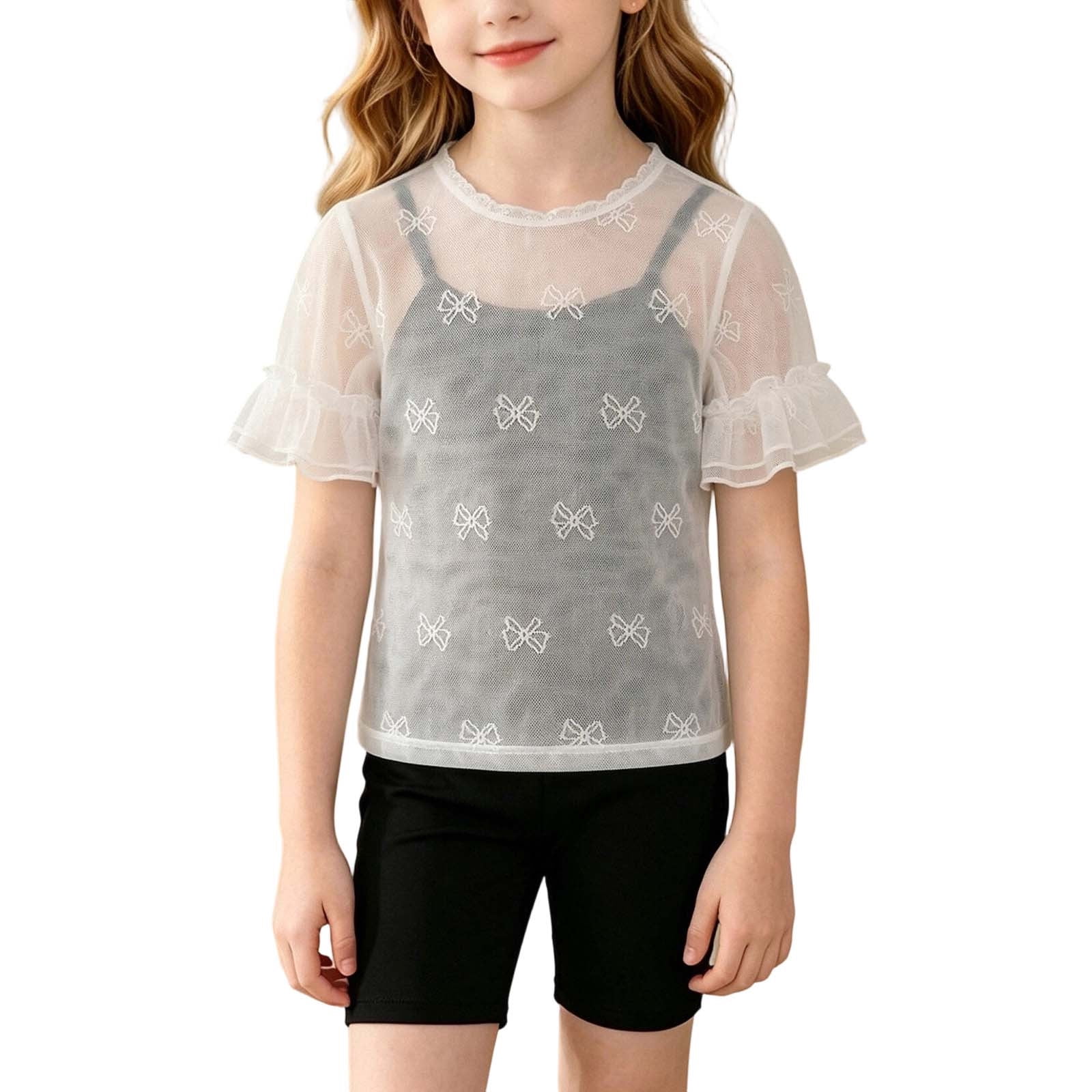 ZACPNCV Girls Mesh Ruffle Short Sleeve Top Summer Casual See