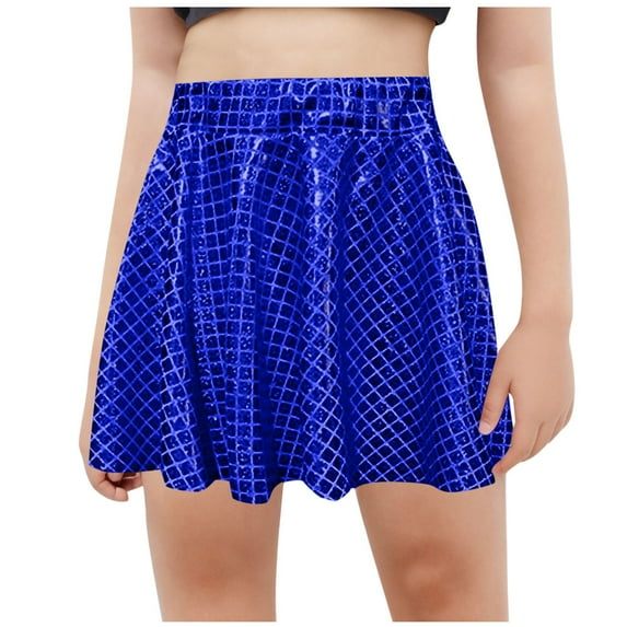 ZACPNCV Girls Metallic Skater Skirt Sparkly Shiny Flared Pleated A-Line Mini Skort Blue 9-10 Years