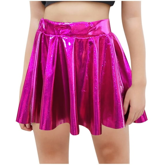 ZACPNCV Girls Metallic Skater Skirt Sparkly Shiny Flared Pleated A-Line Mini Skort Hot Pink 7-8 Years