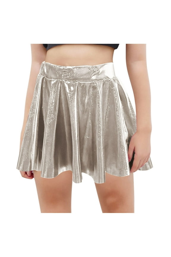 Girls Metallic Skater Skirt Sparkly Shiny Flared Pleated A-Line Mini Skort Silver 5-6 Years
