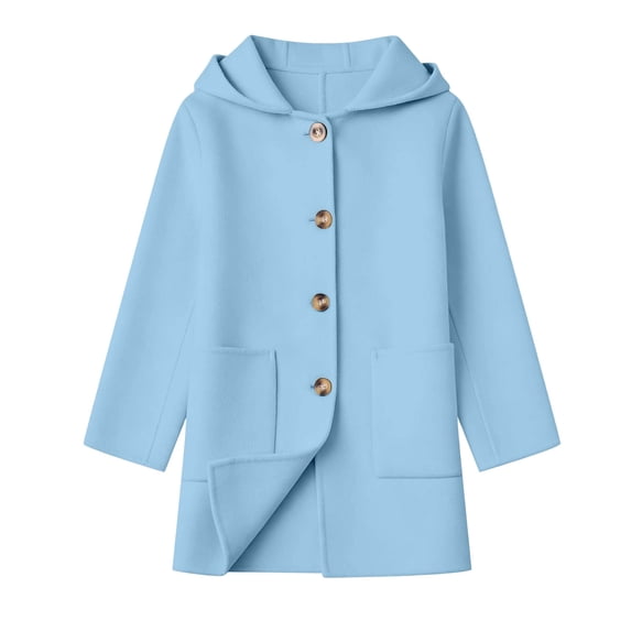 ZACPNCV Girls Mid‑Length Hooded Coat Solid Color Single Breasted Long Sleeve Pocket Overcoat Warm Winter Jacket,Light Blue