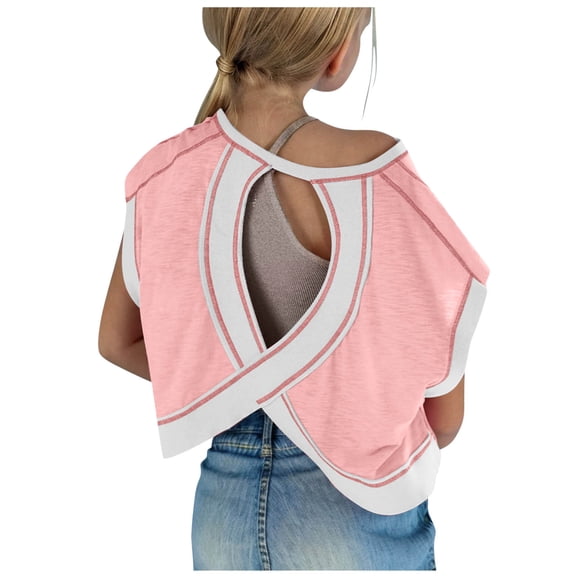 ZACPNCV Girls Open Back Workout Tops Cotton Loose Fit Athletic Crop Tee Short Sleeve Gym Running Yoga Shirt Pink 11-12 Years