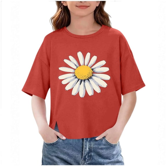 ZACPNCV Girls Oversized T Shirt Graphic Tee Shirt Crew Neck Summer Short Sleeve Split Hem Loose Fit Tops for Kids 3-14 Years Red