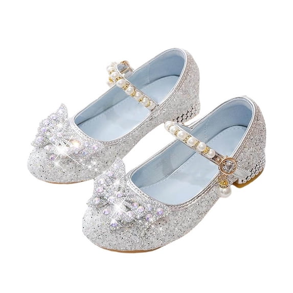 ZACPNCV Girls Pearl Bow Crystal Heels Princess Dress Low Heel Pageant Performance Shoes Wedding