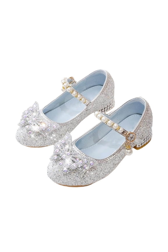Girls Pearl Bow Crystal Heels Princess Dress Low Heel Pageant Performance Shoes Wedding