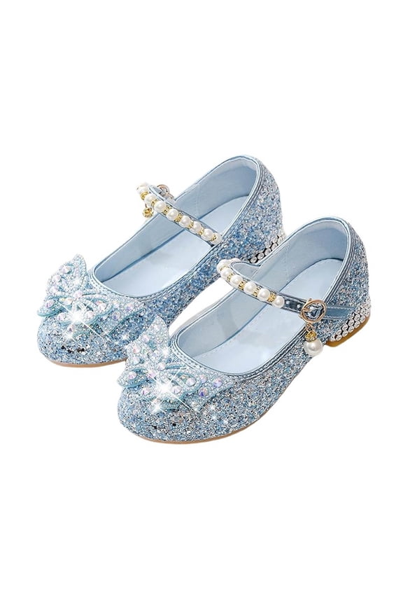 Girls Pearl Bow Crystal Heels Princess Dress Low Heel Pageant Performance Shoes Wedding