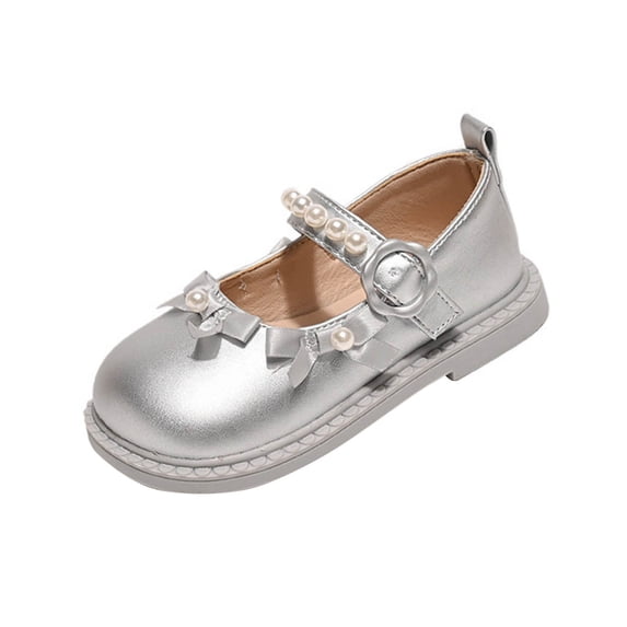 ZACPNCV Girls Pearl Bow Flats Soft Sole Faux Fur Leather Mary Jane Princess Shoes Casual Wedding Party