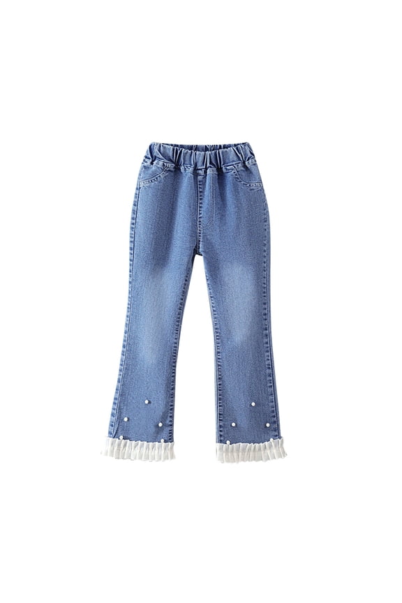Girls Pearl Bow Knot Flare Leg Jeans Denim Jeans Elastic Waist Bottom Jeans Split Hem Flare Leg Pants Blue 4-5 Years