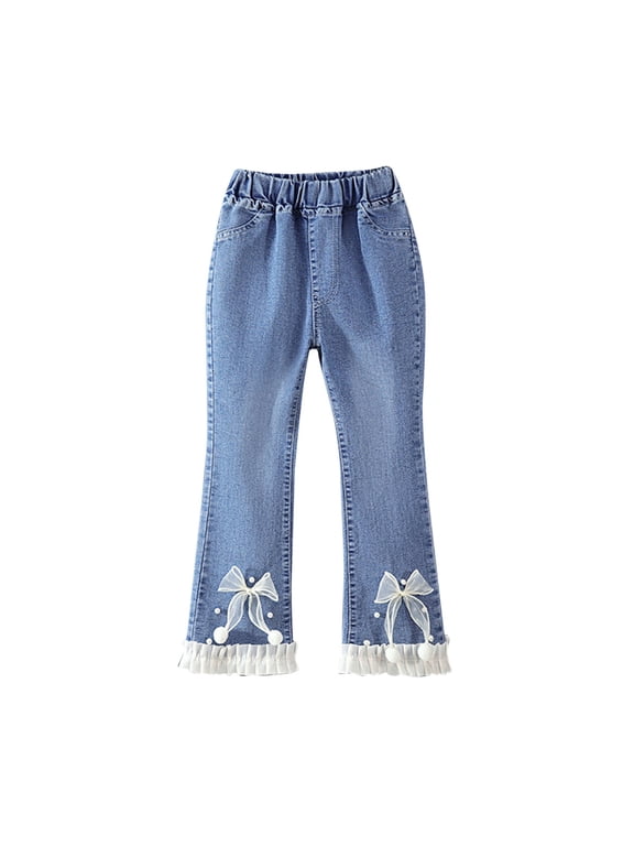 Girls Pearl Bow Knot Flare Leg Jeans Denim Jeans Elastic Waist Bottom Jeans Split Hem Flare Leg Pants White 4-5 Years
