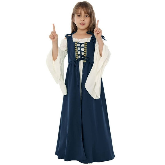 ZACPNCV Girls Renaissance Dress Kids Medieval Princess Outfit Girls Square Collar Bundle Waist Long Sleeve Maxi Dress Blue 9-10 Years