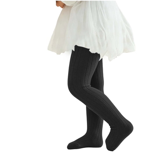 ZACPNCV Girls Rib Knitted Tights Solid Color Soft Stretch Cable Knit Footed Pantyhose Breathable Elastic Waistband Dance Legging Socks 1-2Years A-Black