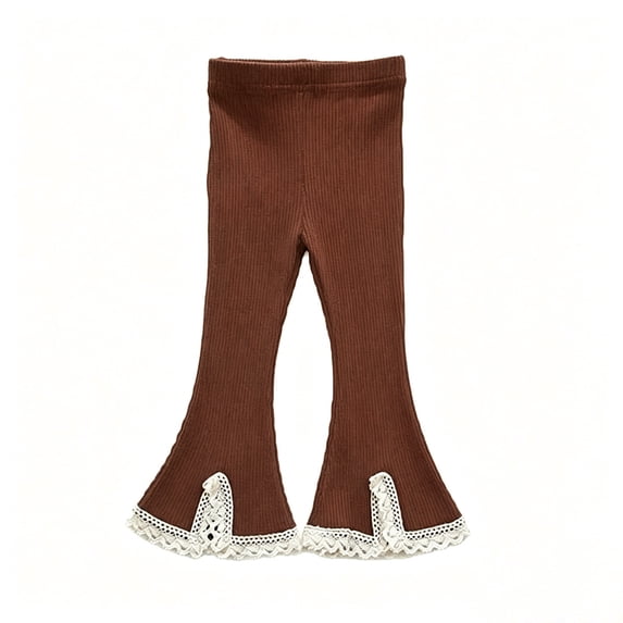 ZACPNCV Girls Ribbed Knit Flare Pants Elastic Waist Lace Trim Bootcut Bell Bottom Trousers Casual Stretch Leggings for Little Girls 12-18Months Coffee
