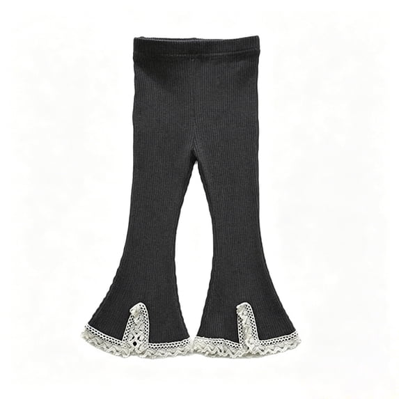 ZACPNCV Girls Ribbed Knit Flare Pants Elastic Waist Lace Trim Bootcut Bell Bottom Trousers Casual Stretch Leggings for Little Girls 8-9Years Dark Gray
