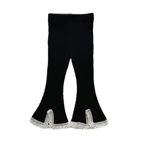 ZACPNCV Girls Ribbed Knit Flare Pants Elastic Waist Lace Trim Bootcut Bell Bottom Trousers Casual Stretch Leggings for Little Girls 5-6Years Black