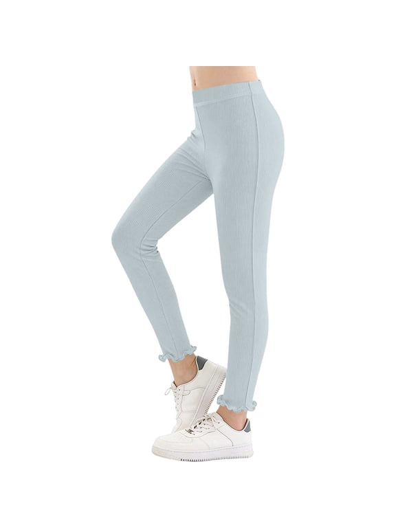 Girls Ribbed Knit Leggings Ruffle Hem Stretch Pull-On Casual Pants Soft Slim Leg Dance Pants Spring Summer Daily Active Bottoms 3-4Years Light Blue