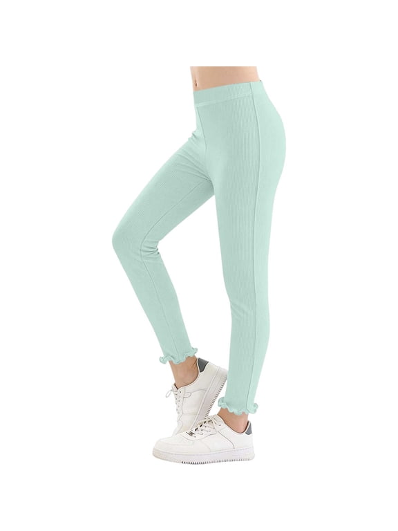 Girls Ribbed Knit Leggings Ruffle Hem Stretch Pull-On Casual Pants Soft Slim Leg Dance Pants Spring Summer Daily Active Bottoms 5-6Years Green