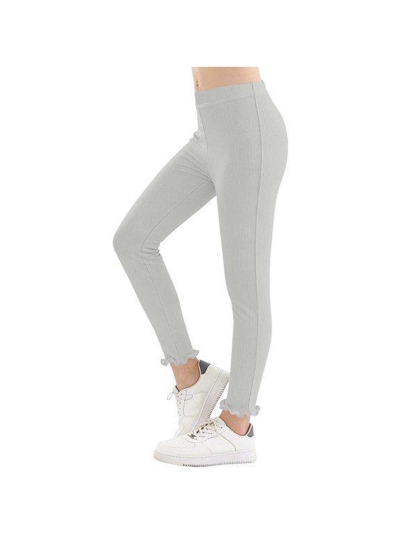 Girls Ribbed Knit Leggings Ruffle Hem Stretch Pull-On Casual Pants Soft Slim Leg Dance Pants Spring Summer Daily Active Bottoms 7-8Years Gray
