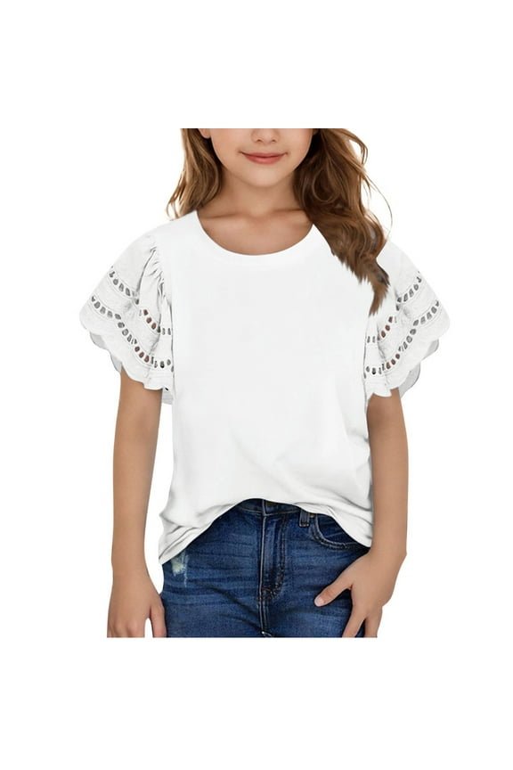 Girls Ruffle Sleeve Shirts Summer Crewneck Eyelet Tee Tops Casual Cute Blouse White 3-4 Years