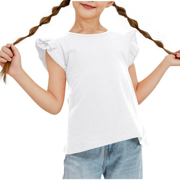 ZACPNCV Girls Ruffle Sleeve Shirts Summer Crewneck Tee Tops Casual Cute Blouse White 12-13 Years