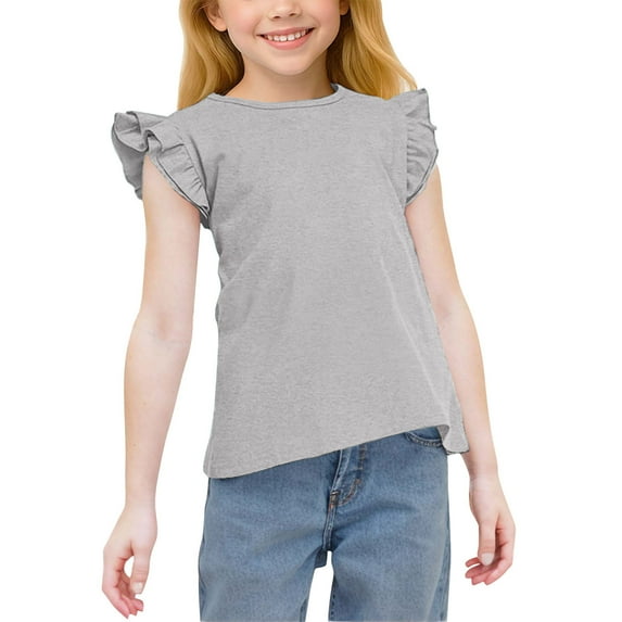 ZACPNCV Girls Ruffle Sleeve T Shirts Summer Short Sleeve Casual Cute Crewneck Tops Tees Gray 8-9 Years