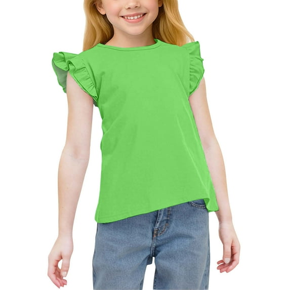 ZACPNCV Girls Ruffle Sleeve T Shirts Summer Short Sleeve Casual Cute Crewneck Tops Tees Green 10-11 Years