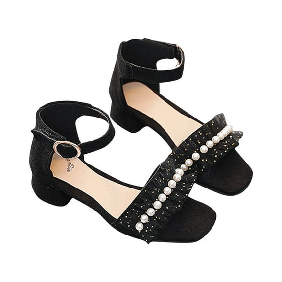 ZACPNCV Girls Sandals Flower Girls Dress Shoes Open Toe Kids Summer High Heels Dance Sandals Black 6-6.5 Years