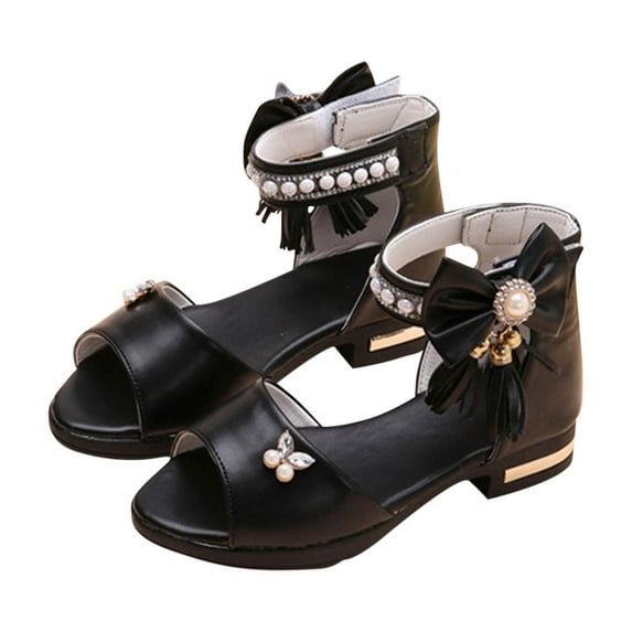 ZACPNCV Girls Sandals Flower Girls Dress Shoes Open Toe Kids Summer High Heels Dance Sandals Black 9-10 Years