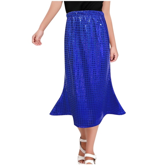 ZACPNCV Girls Sequin Skirt Side Tie Midi Sparkle Skirt Summer Cocktail Party Night Out Glitter Skirt Blue 8-9 Years