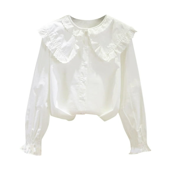 ZACPNCV Girls Shirt Button-Down Blouse Kids School Uniform Elegant Lace Decorated with Large Lapel White 5-6 Years