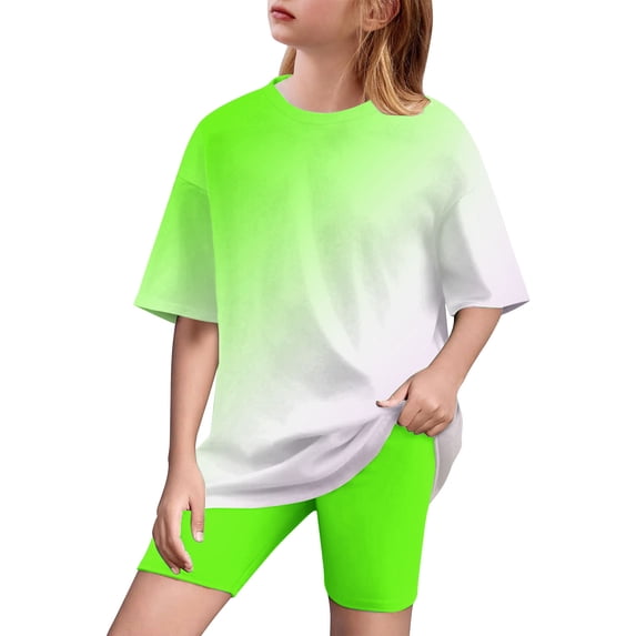 ZACPNCV Girls Short Sleeve T Shirt with Biker Shorts Set 2 Piece Summer Outfits Green 5-6 Years