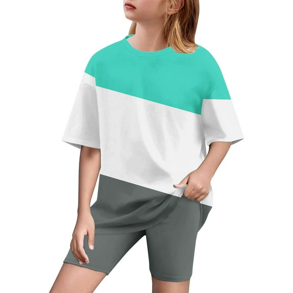 ZACPNCV Girls Short Sleeve T Shirt with Biker Shorts Set Color Blocked 2 Piece Summer Outfits Green 6-7 Years