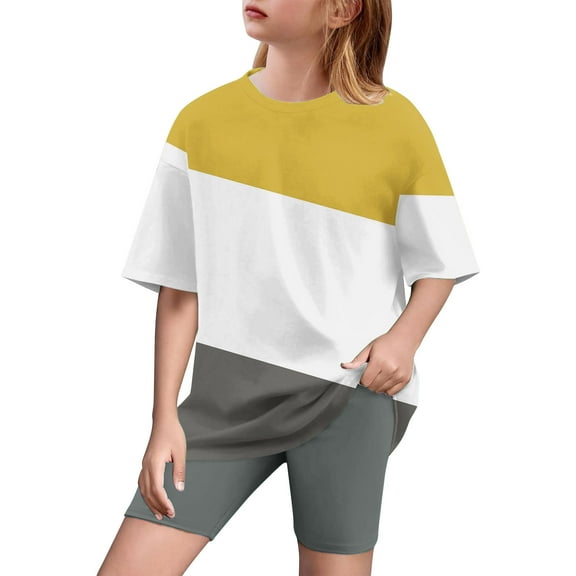 ZACPNCV Girls Short Sleeve T Shirt with Biker Shorts Set Color Blocked 2 Piece Summer Outfits Yellow 6-7 Years