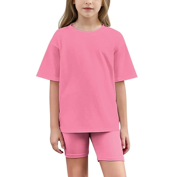ZACPNCV Girls Short Sleeve T Shirt with Biker Shorts Set Solid Color 2 Piece Summer Outfits Hot Pink 10-11 Years