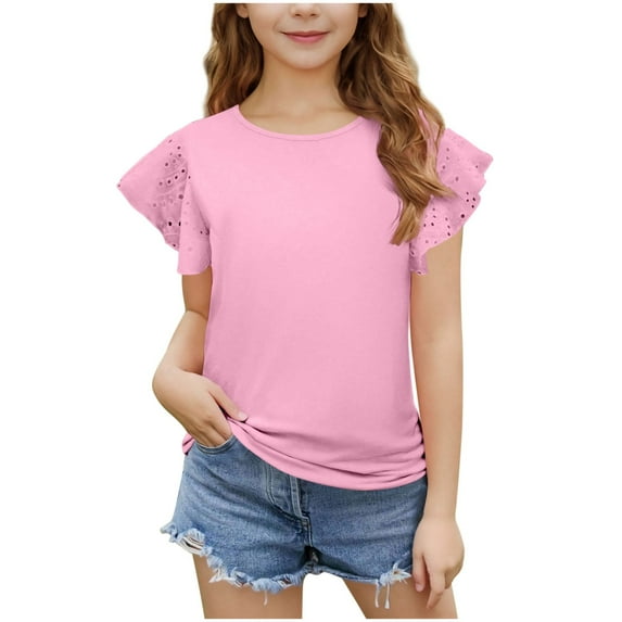 ZACPNCV Girls Short Sleeve T Shirts Kids Summer Lace Crewneck Tops Fashion Pleated Tees Pink 3-4 Years