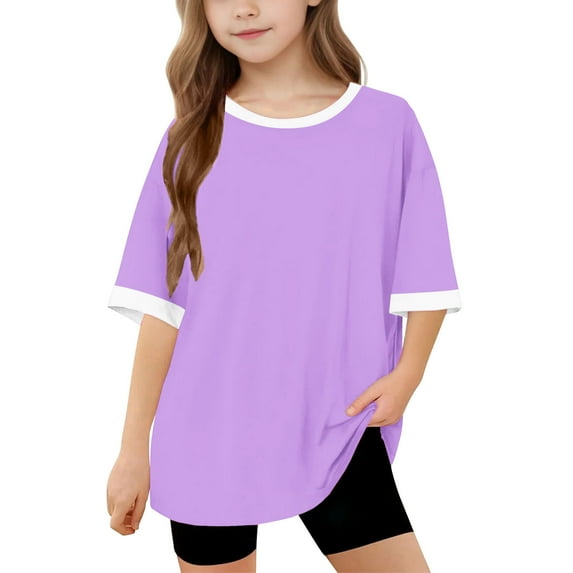 ZACPNCV Girls Short Sleeve T Shirts Kids Summer Oversized Tops Casual Crewneck Solid Color Basic Tees Purple 8-9 Years