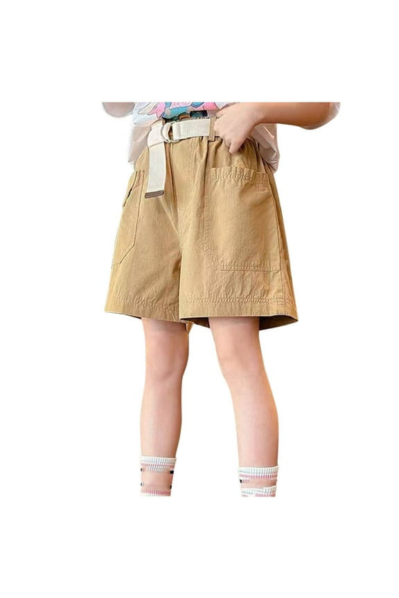 Girls Shorts Elastic Waist Solid Color Wide Leg Knee Length Shorts for Kids Summer Sport Bermuda Shorts Khaki 8-9 Years