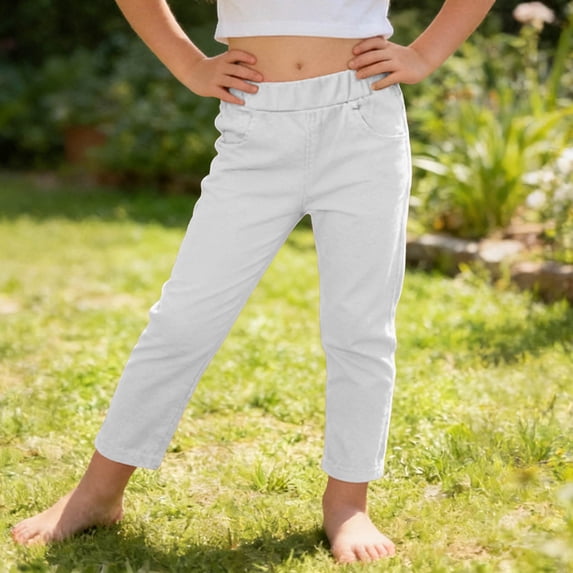 ZACPNCV Girls Skinny Pants Solid Stretchy Casual Slim Fit Jegging for Kids Summer Lightweight School Trousers