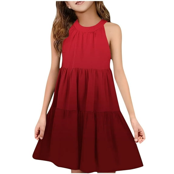 ZACPNCV Girls' Sleeveless Gradient Dress Summer Casual Sundress Skater Swing Twirly Halter Dress Burgundy 13-14 Years
