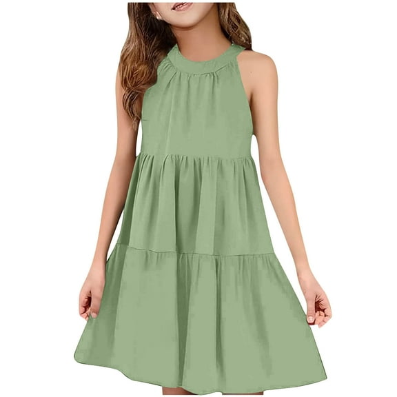 ZACPNCV Girls' Sleeveless Gradient Dress Summer Casual Sundress Skater Swing Twirly Halter Dress Olive Green 13-14 Years